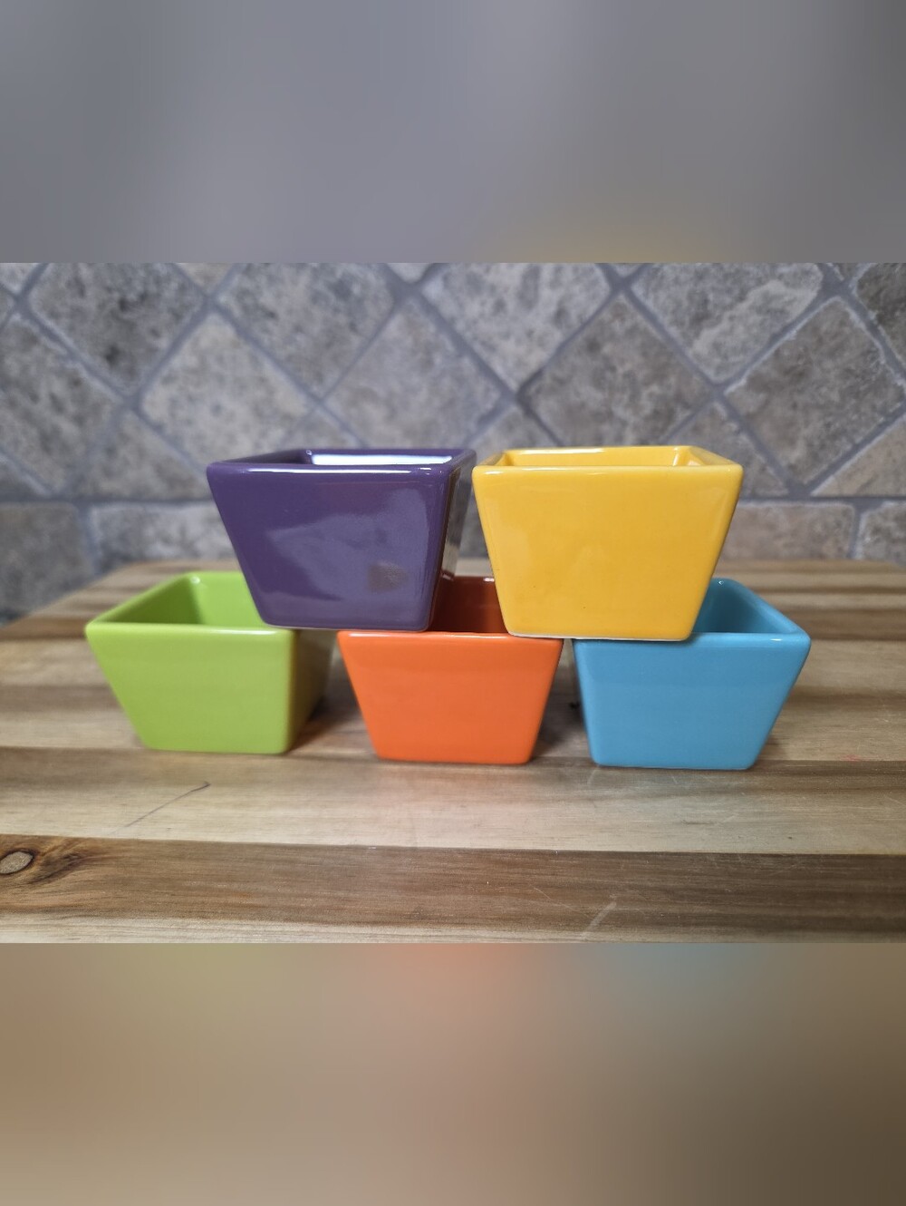 (5) Pier 1 Imports Colorful Rainbow Small Square Dipping Condiments Cups Bowls